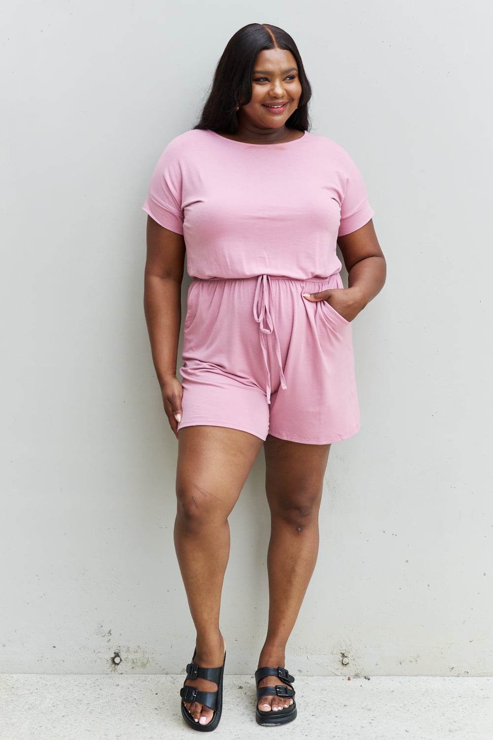 Zenana Chilled Out Full Size Short Sleeve Romper in Light Carnation Pink - IntuitiveEncBoutique