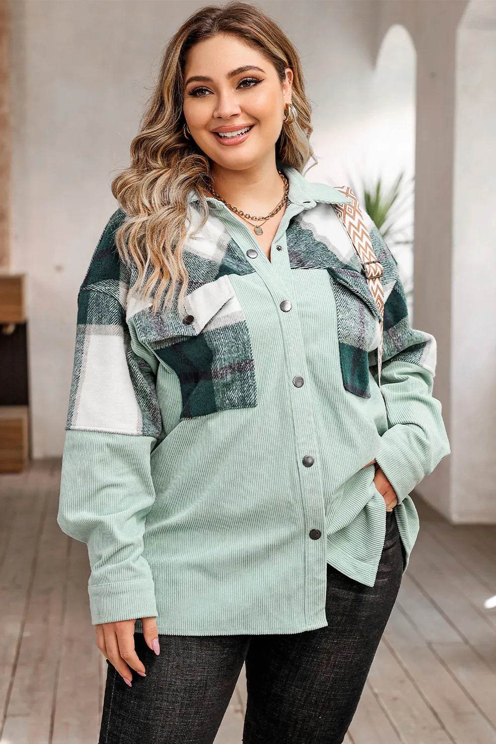 Plus Size Plaid Snap Down Jacket with Pockets - IntuitiveEncBoutique