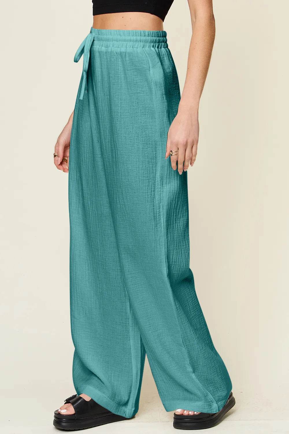 Double Take Full Size Texture Drawstring Wide Leg Pants - IntuitiveEncBoutique