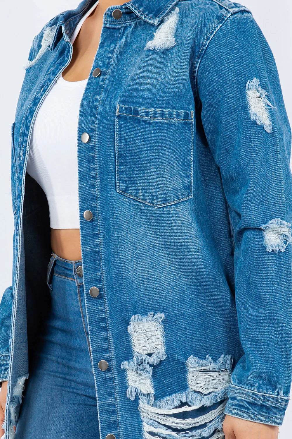 American Bazi Distressed Button Up Long Sleeve Denim Jacket - IntuitiveEncBoutique