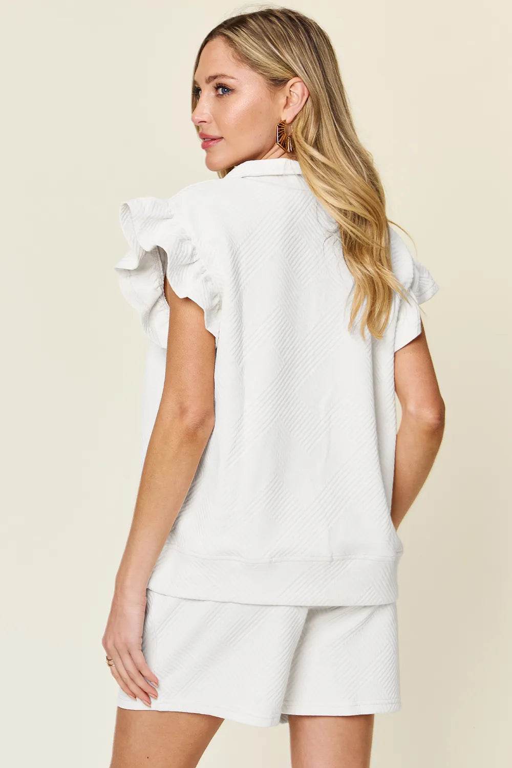 Double Take Full Size Texture Flounce Sleeve Top and Drawstring Shorts Set - IntuitiveEncBoutique