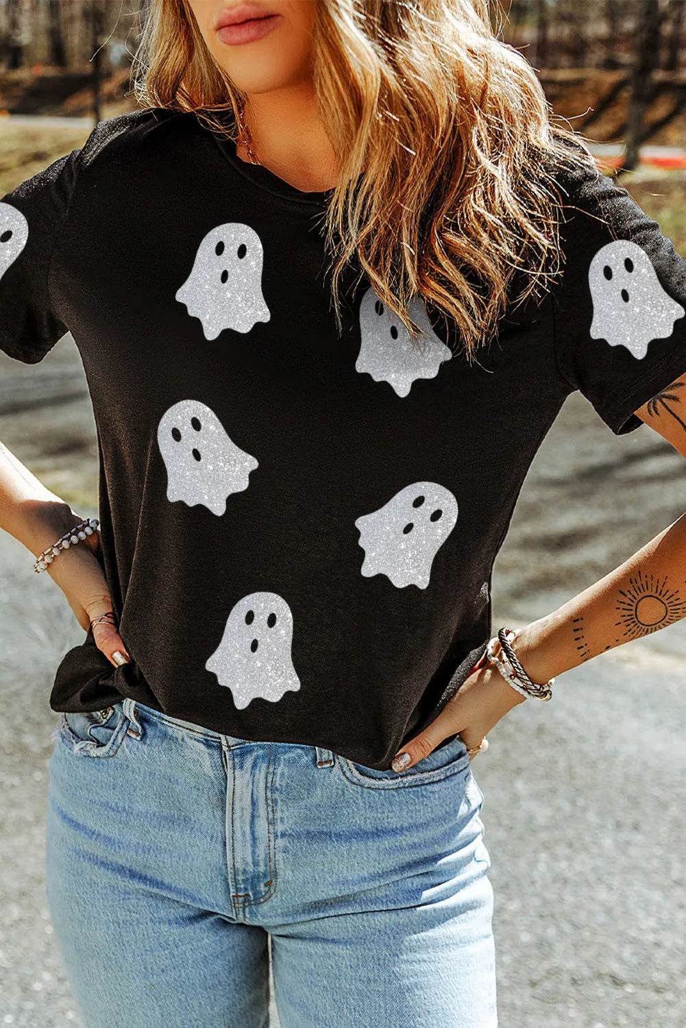 Glitter Ghost Round Neck Short Sleeve T-Shirt - IntuitiveEncBoutique