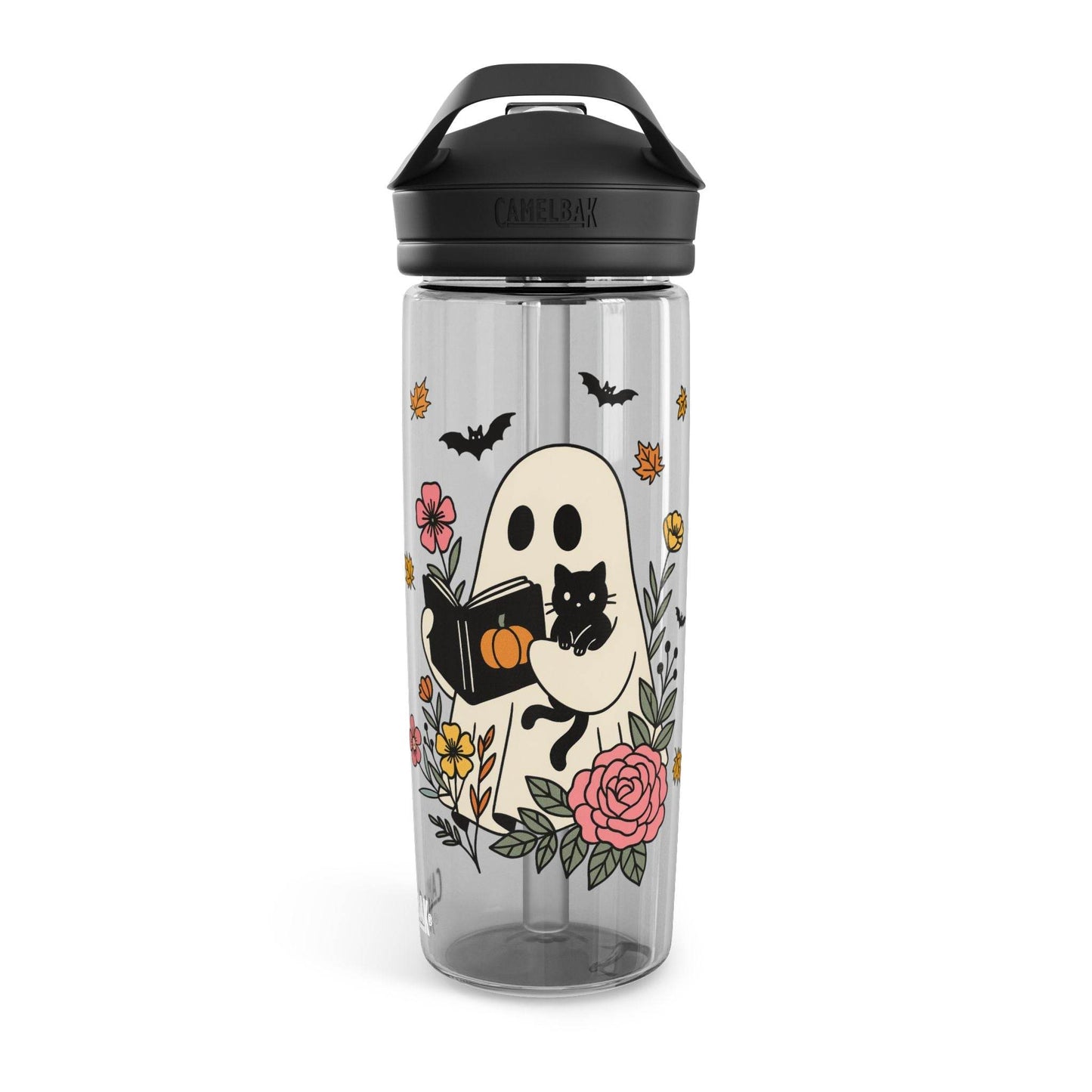 Halloween Ghost Water Bottle, Cute Halloween Drinkware, Eco-Friendly Bottle, Fall Hydration, Floral Ghost Design - IntuitiveEncBoutique