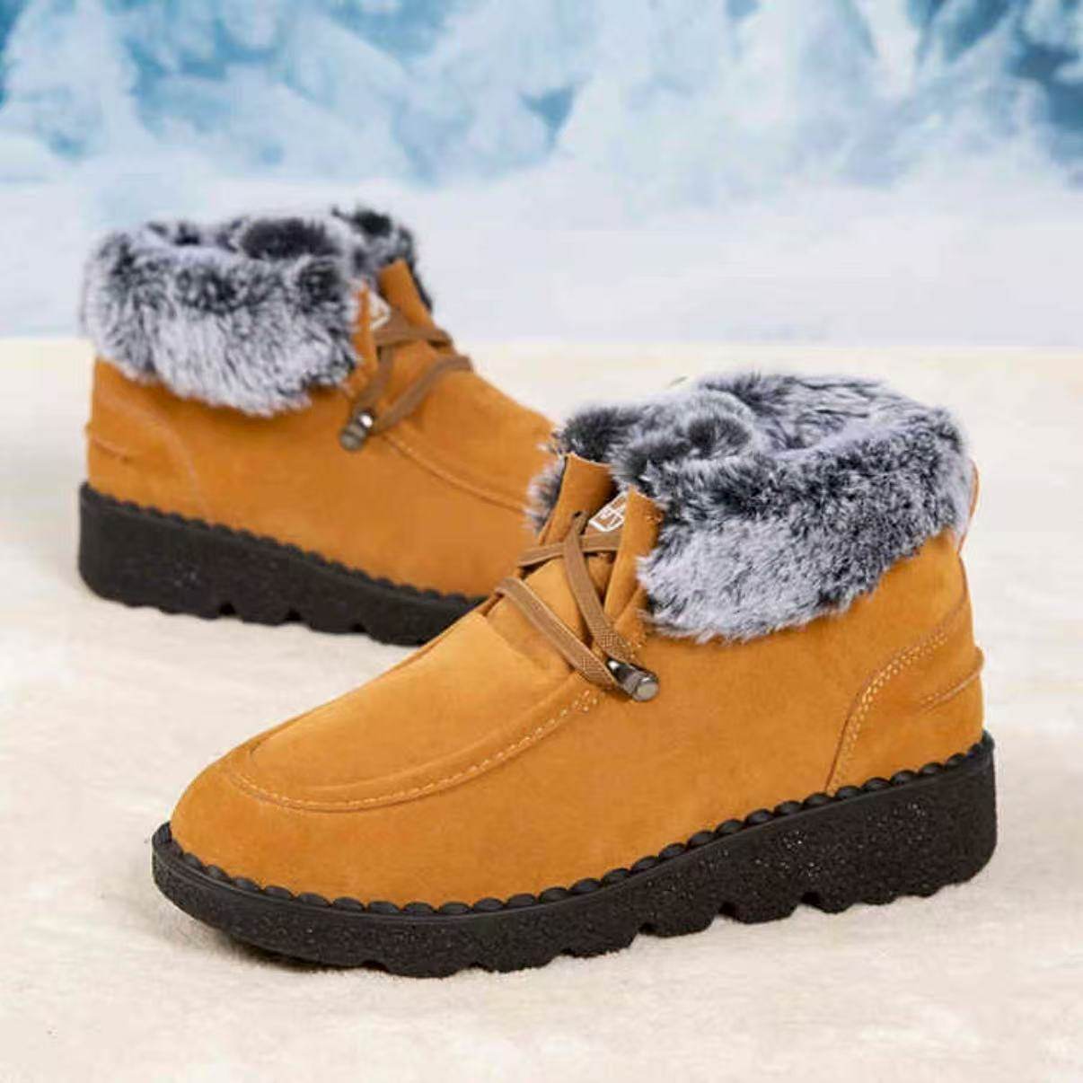 Flat bottomed snow boots for women with thick lace up fleece short boots - IntuitiveEncBoutique