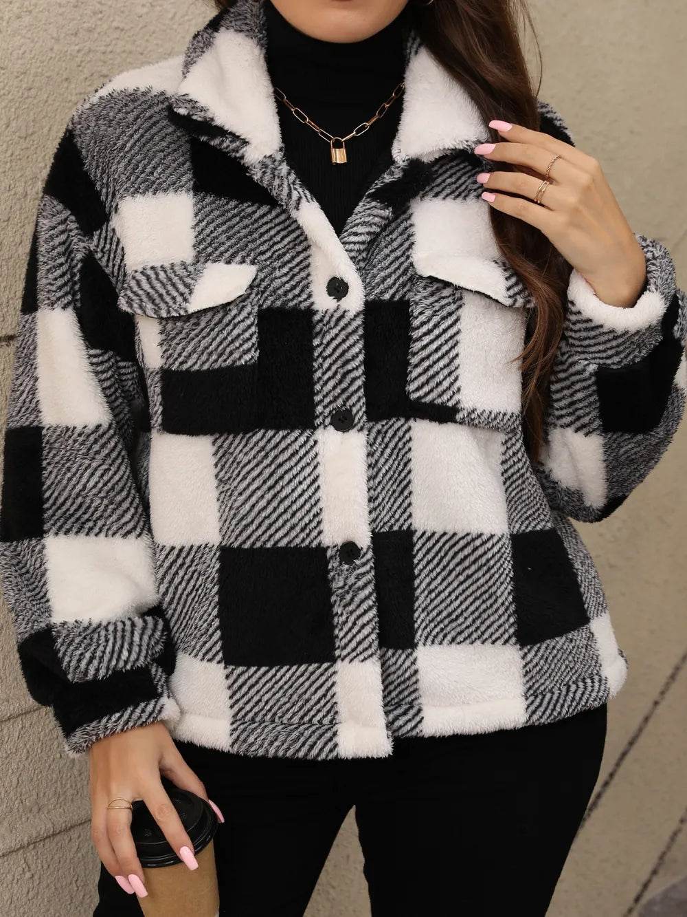 Plus Size Pocketed Plaid Collared Neck Jacket - IntuitiveEncBoutique