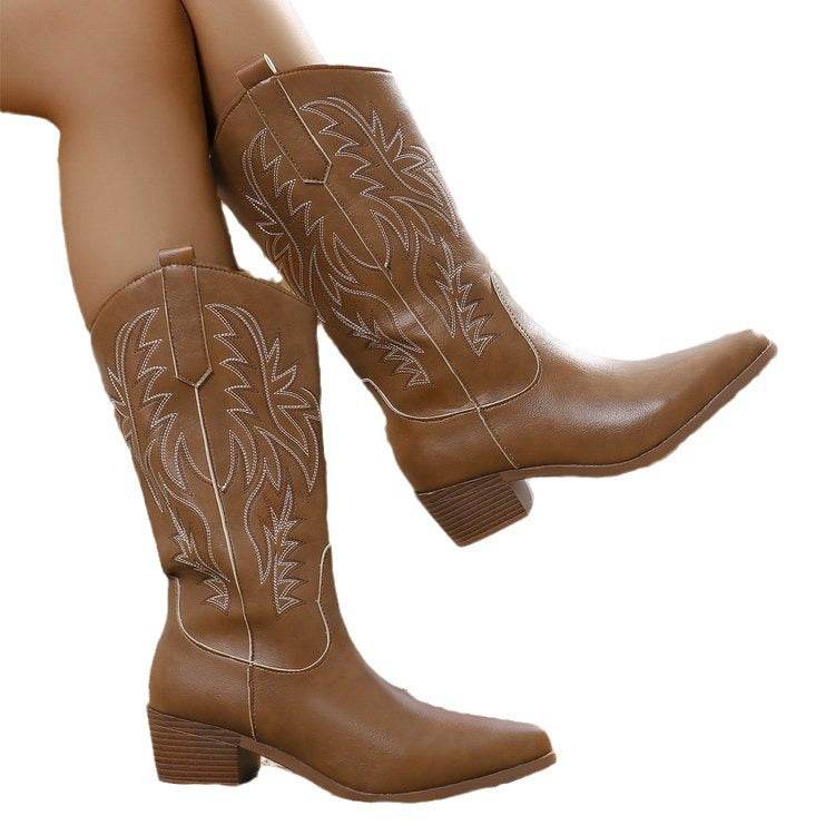 Vintage Tribal Pattern Chunky Heel Ankle Boots for Women with Embroidery Round Toe Martin Boots - IntuitiveEncBoutique