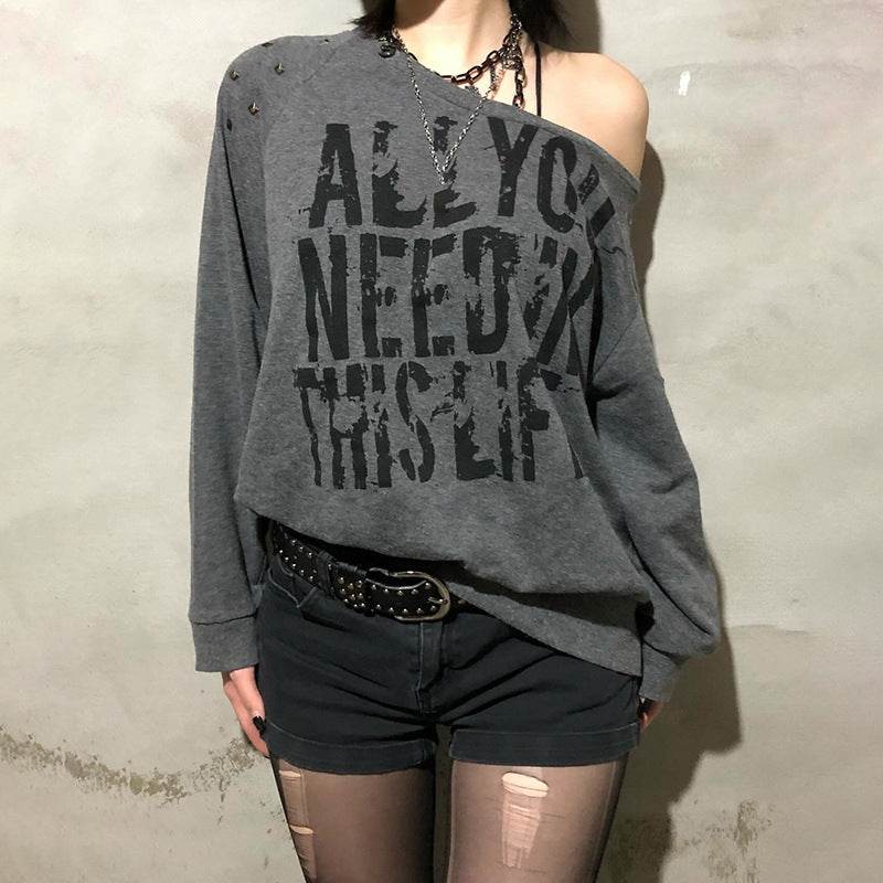 Punk Rivet Letter Print Oblique Collar Sweatshirt Spicy Girl Street Sexy Loose All-Match Off-Shoulder Long Sleeve - IntuitiveEncBoutique