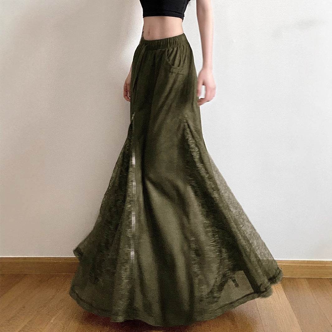 Vintage Green Lace Splicing Low Waist A-line Floor-length Skirt with Heavy Zipper - IntuitiveEncBoutique