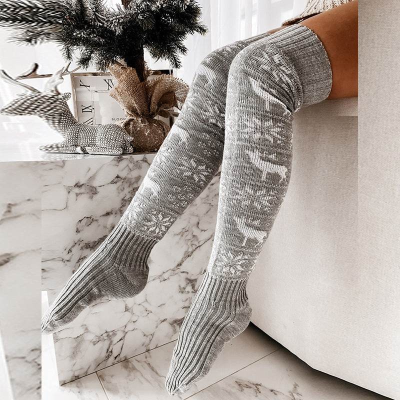 Christmas elk snowflake knitted woolen stockings for women long over knee pile socks stockings - IntuitiveEncBoutique