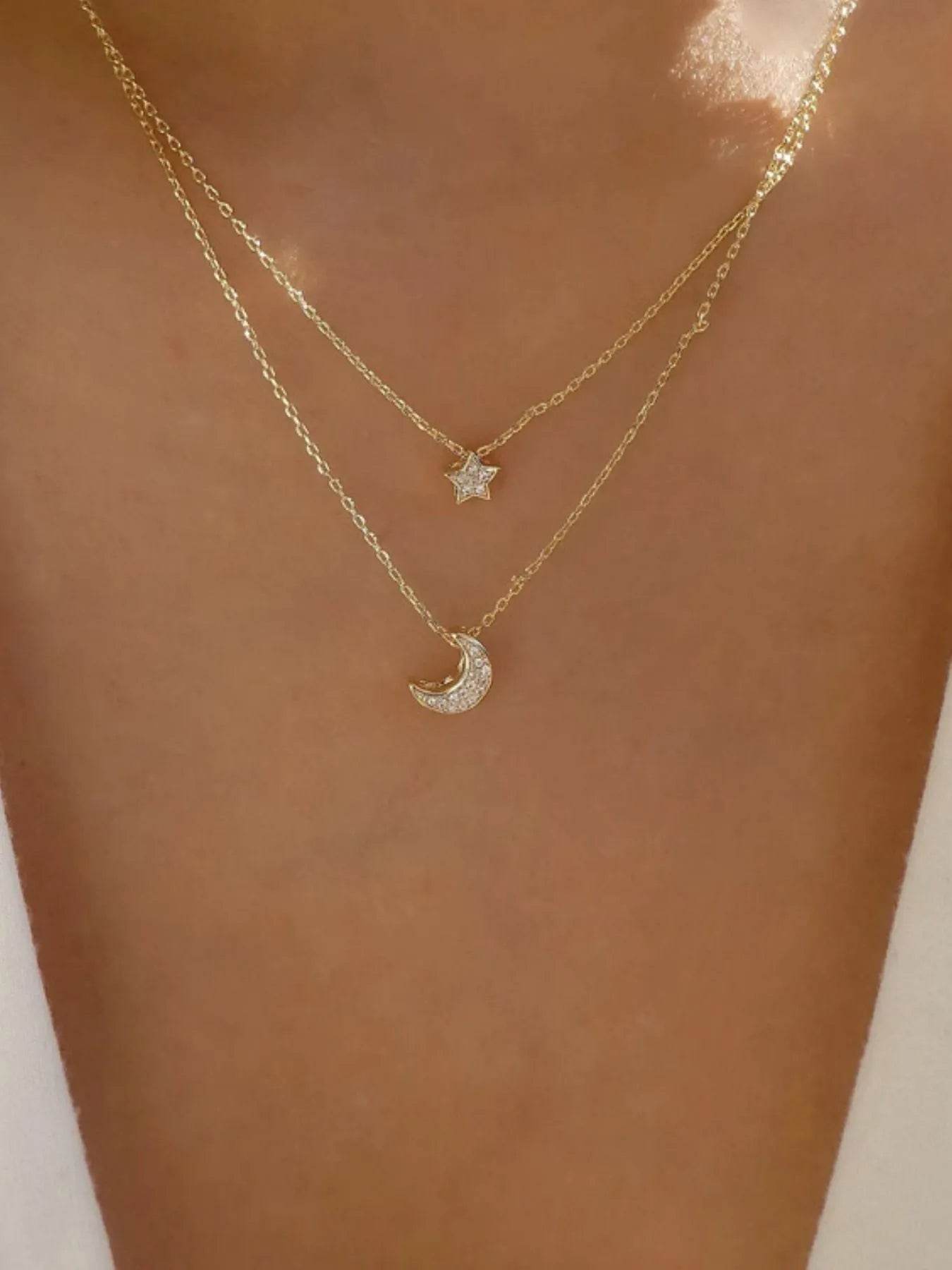 Double Layered Star and Moon Pendant Necklace - IntuitiveEncBoutique