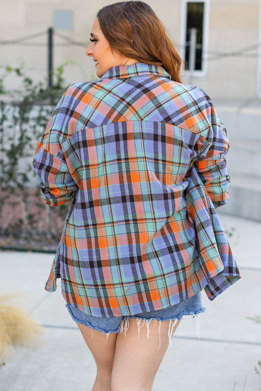 Orange Plus Size Plaid Print Buttoned Shirt - IntuitiveEncBoutique