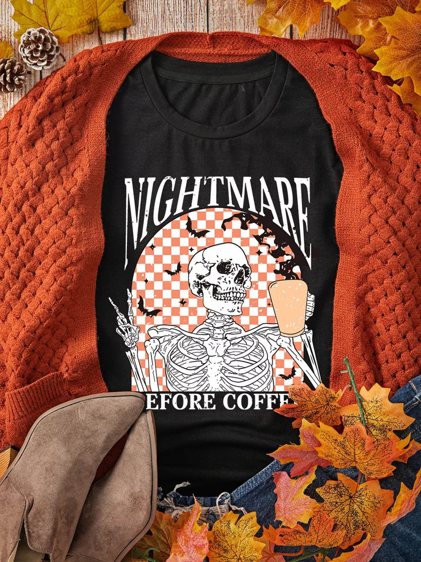 Halloween Skull Checkerboard Graphic Round Neck Tee - IntuitiveEncBoutique