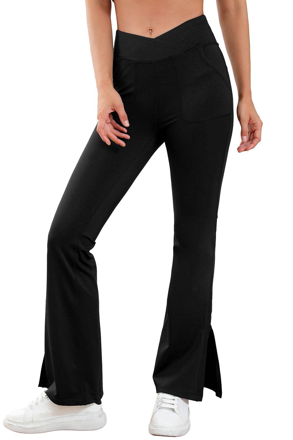 Black Cross Waist Pocketed Split Hem Flared Leggings - IntuitiveEncBoutique