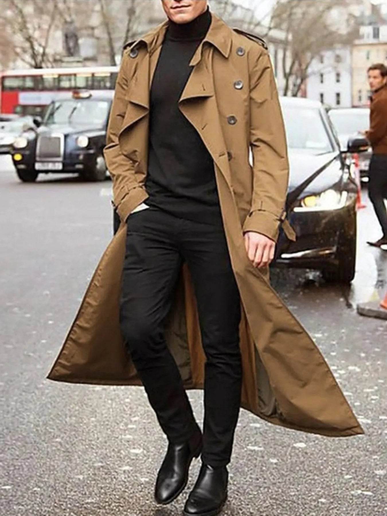 Men's Long Sleeve Longline Trench Coat - IntuitiveEncBoutique