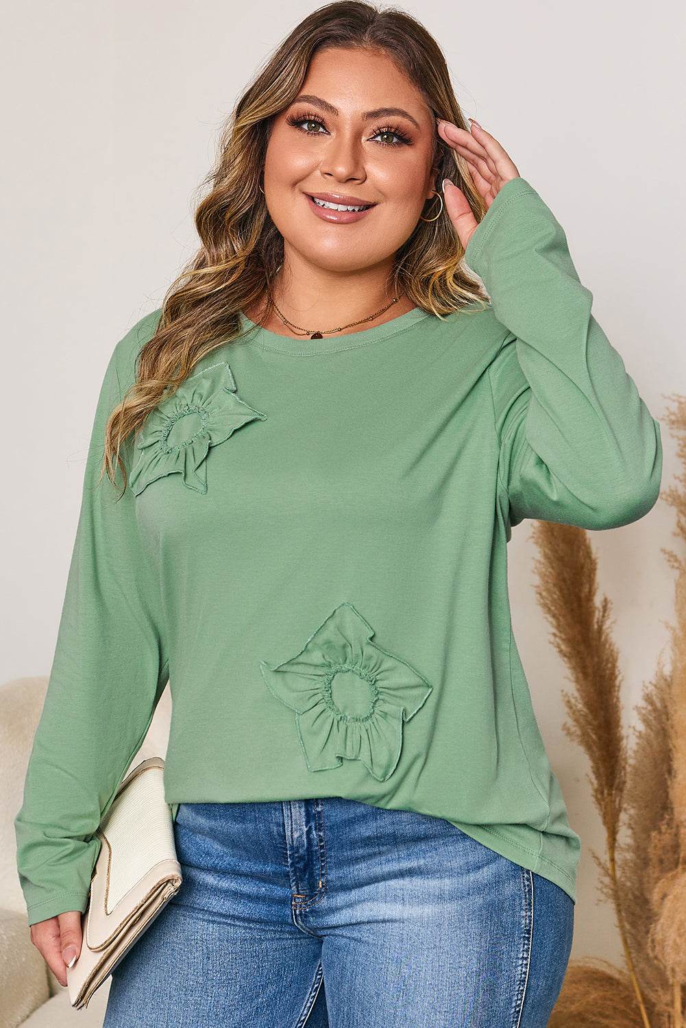 Grass Green Flower Applique Mineral Wash Plus Size Top - IntuitiveEncBoutique