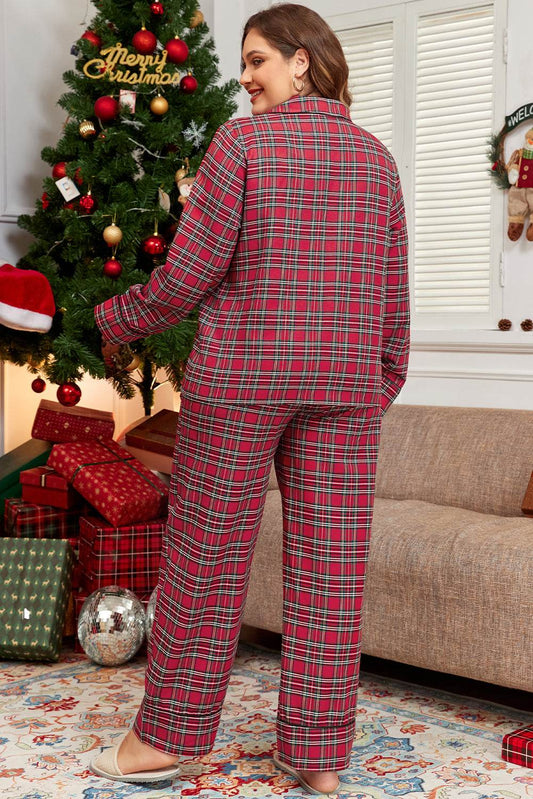 Red Plaid Printed Shirt and Pants Plus Size Lounge Set - IntuitiveEncBoutique