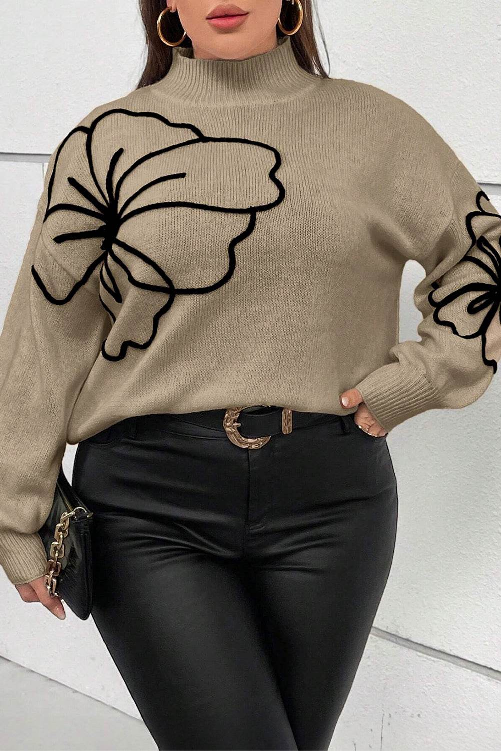 Dark Khaki Plus Size Big Flower Pattern High Neck Drop Shoulder Sweater - IntuitiveEncBoutique