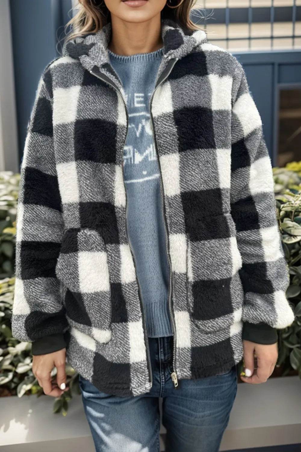 Double Take Full Size Plaid Long Sleeve Hooded Coat - IntuitiveEncBoutique