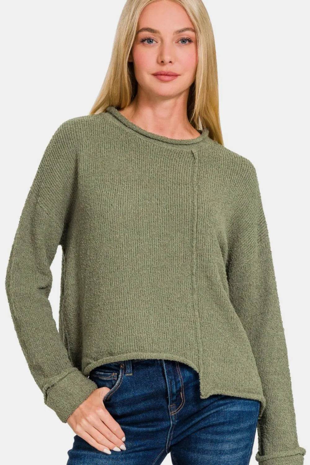 Zenana Asymmetric Hem Drop Shoulder Sweater - IntuitiveEncBoutique