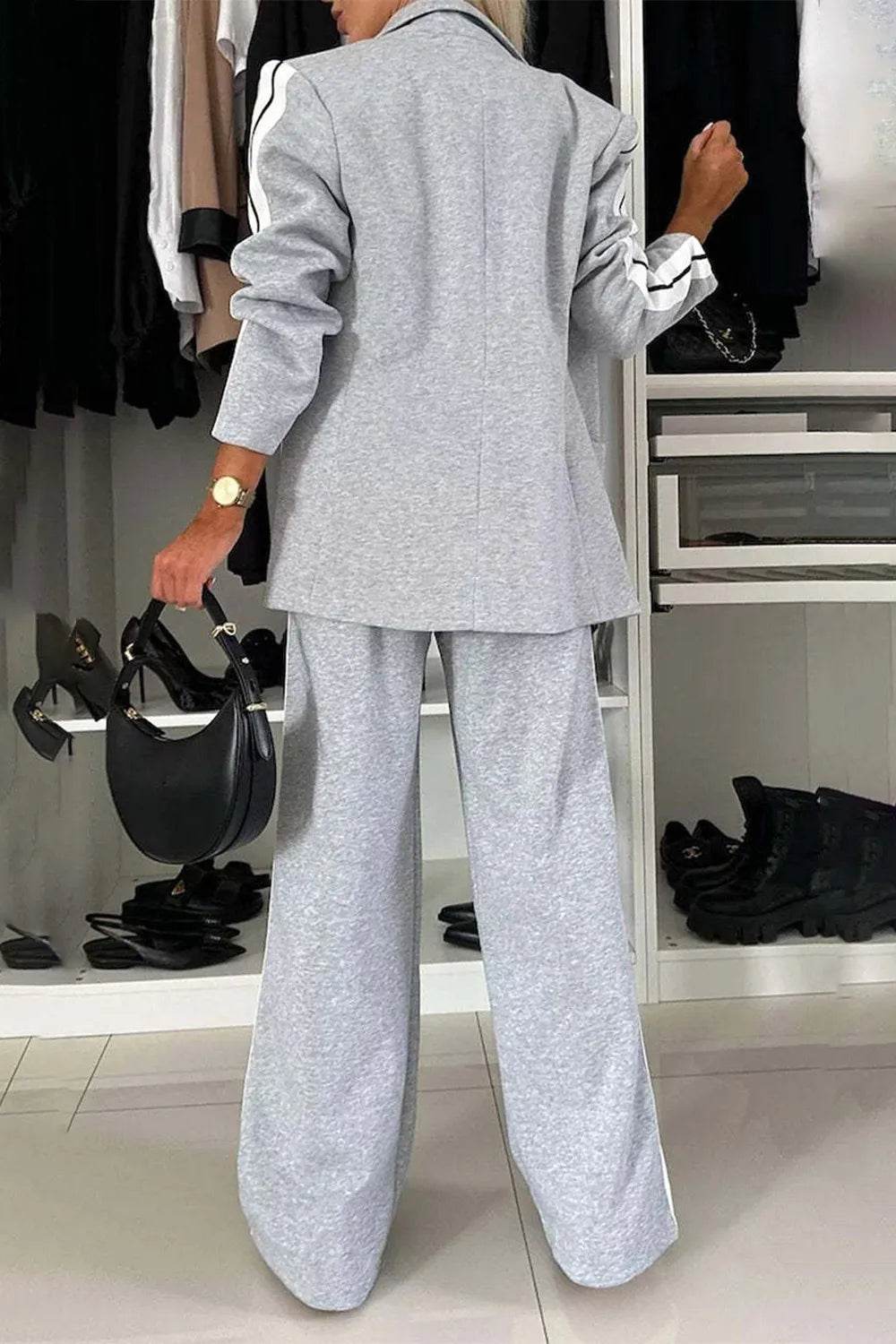 Full Size Contrast Lapel Collar Top and Pants Set - IntuitiveEncBoutique