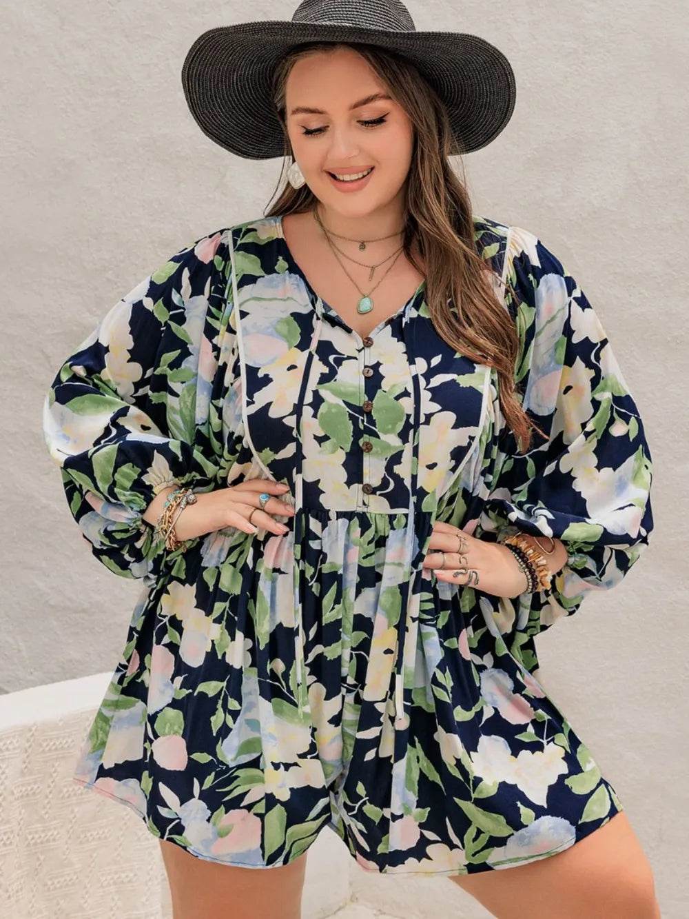 Plus Size Tied Printed Long Sleeve Romper - IntuitiveEncBoutique