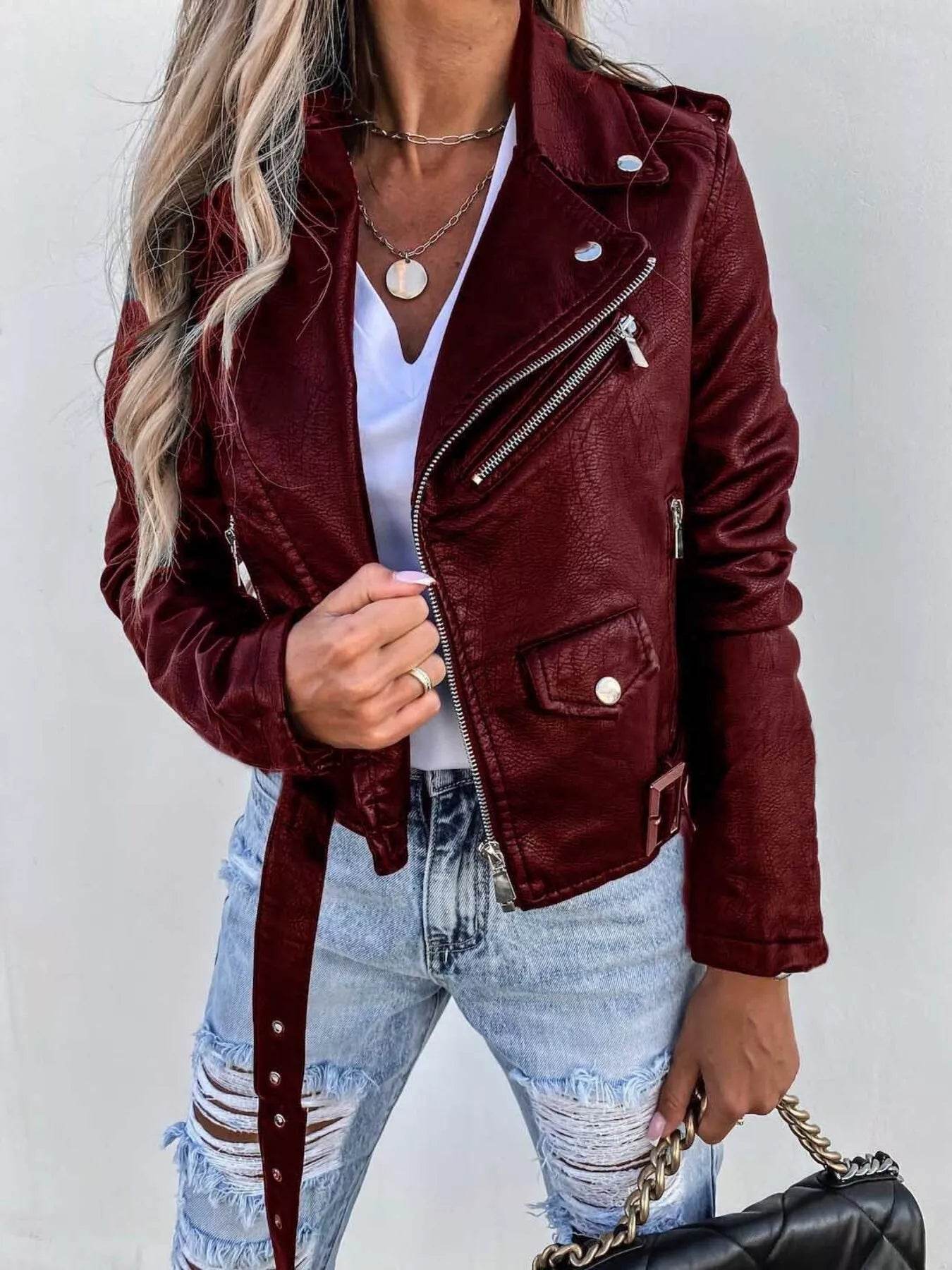 Full Size Zip Up Leather Motorcycle Biker Jacket Plus Size - IntuitiveEncBoutique