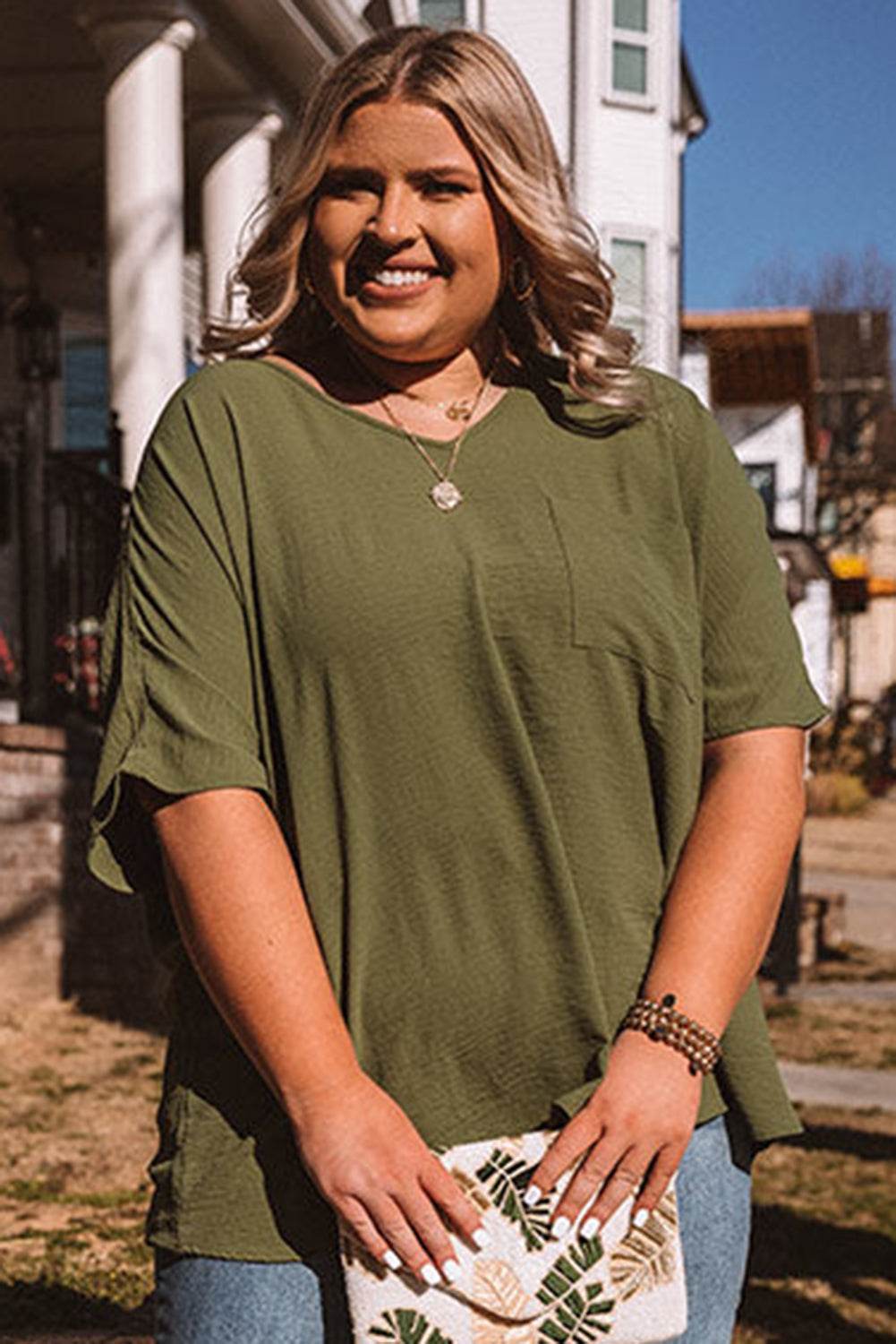 Four Leaf Clover Textured Half Sleeve V Neck Plus Size T Shirt with Chest Pocket - IntuitiveEncBoutique