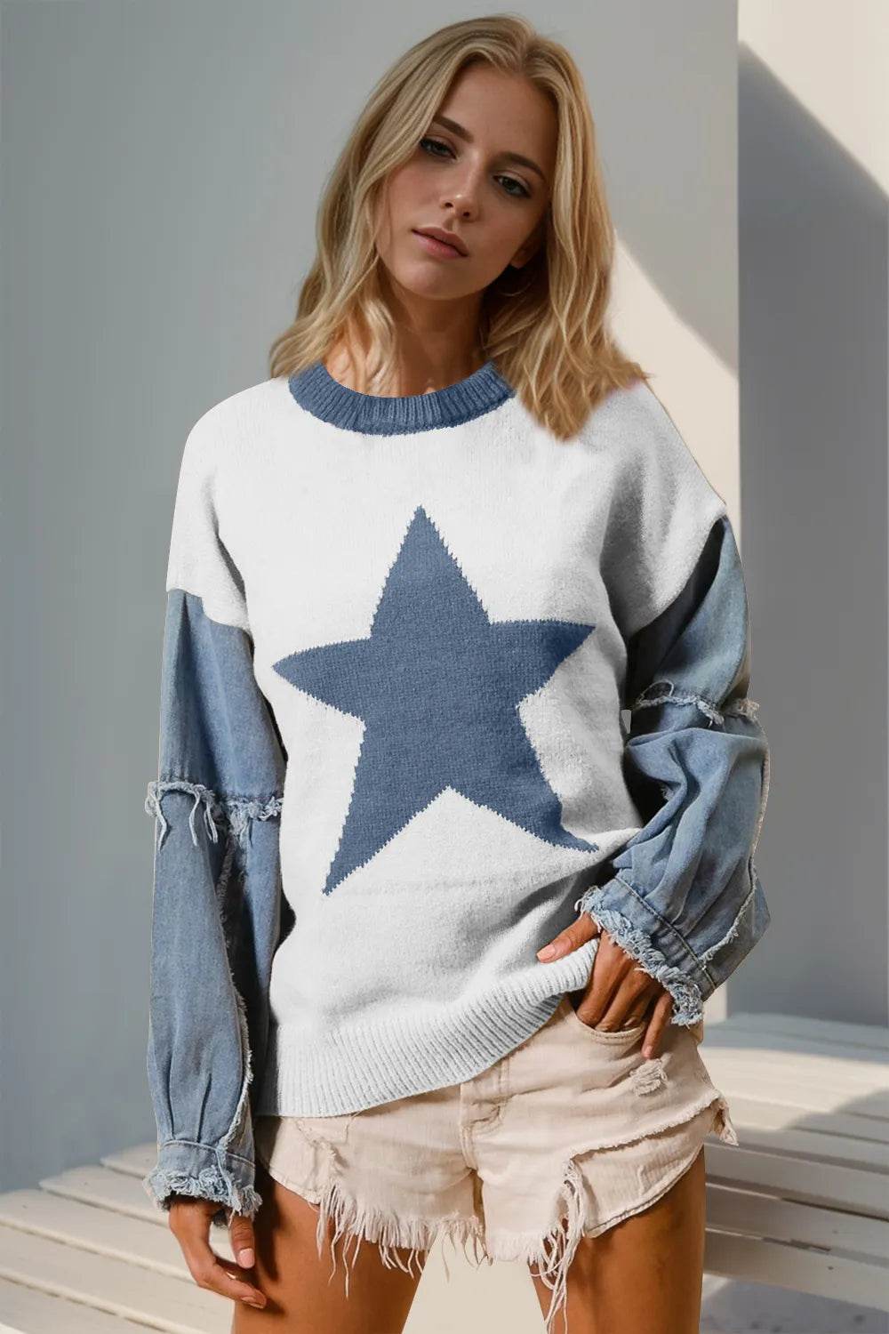 Double Take Full Size Star Pattern Raw Edge Long Sleeve Sweater - IntuitiveEncBoutique