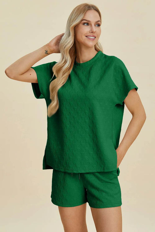 Double Take Full Size Texture Round Neck Short Sleeve Top and Shorts Set - IntuitiveEncBoutique