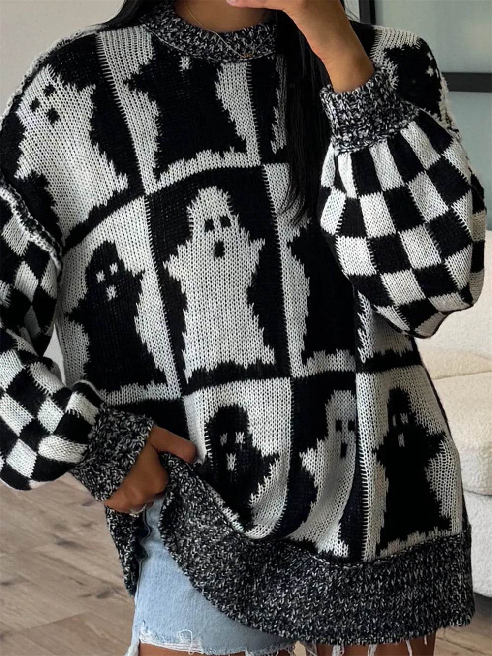 Ghost Dropped Shoulder Long Sleeve Sweater - IntuitiveEncBoutique