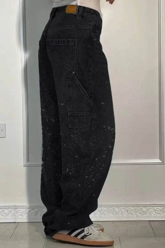 Full Size Washed Rhinestone Detail Wide leg Jeans Plus Size - IntuitiveEncBoutique