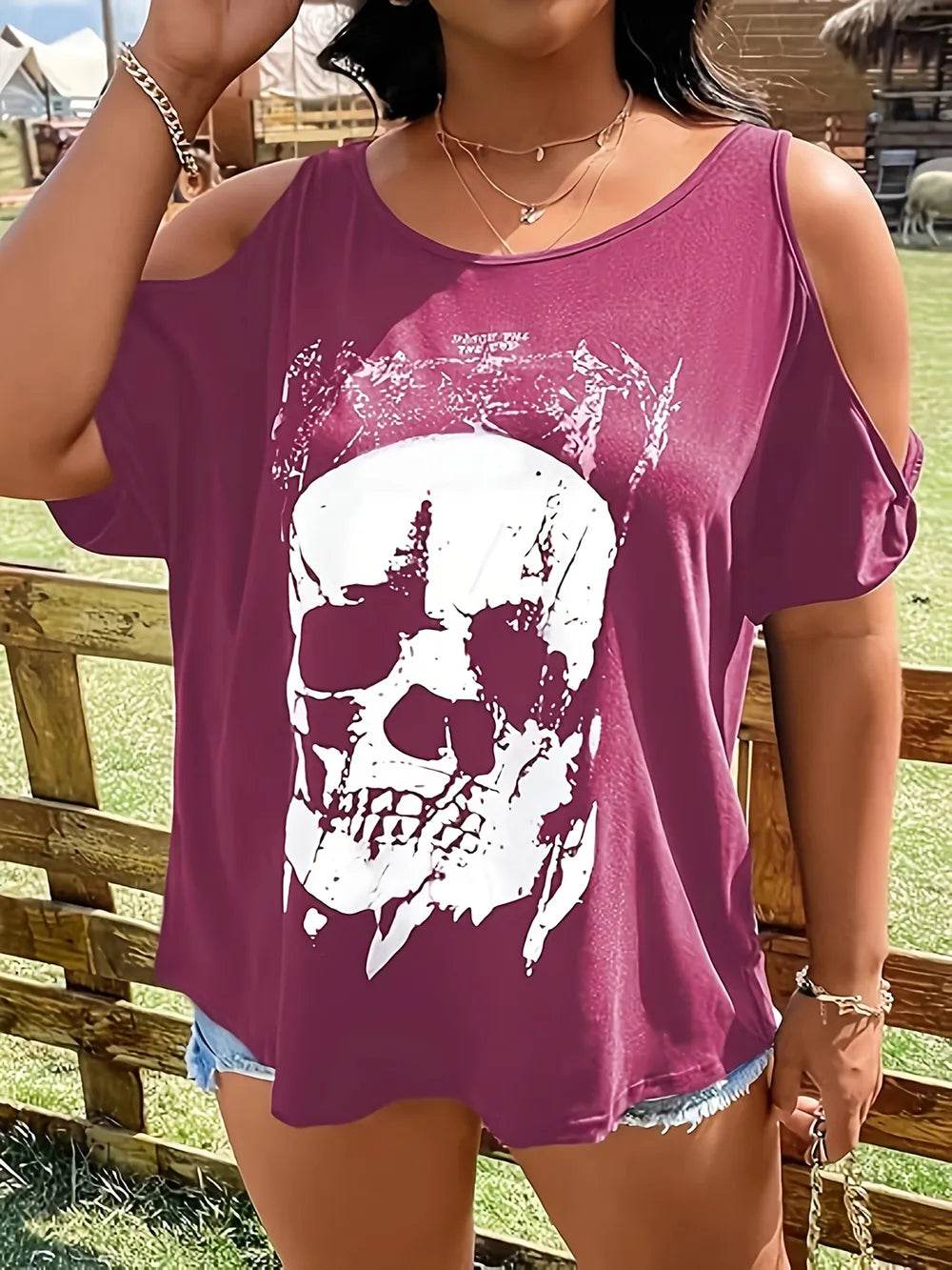 Plus Size Skeleton Graphic Round Neck Cold Shoulder T-Shirt - IntuitiveEncBoutique