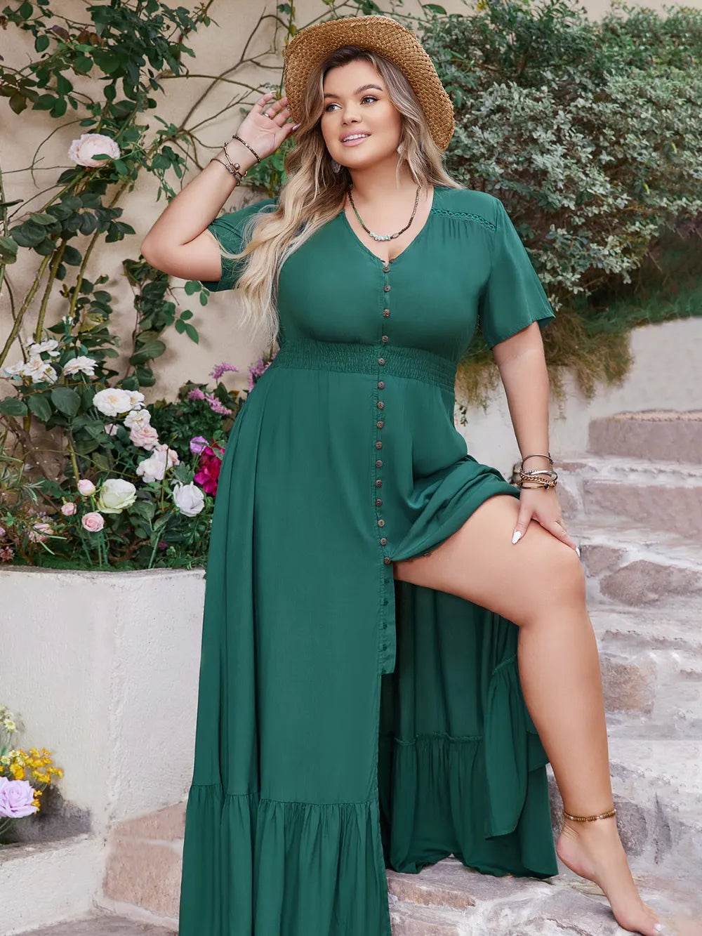 Plus Size Button Detail V-Neck Short Sleeve Maxi Dress - IntuitiveEncBoutique