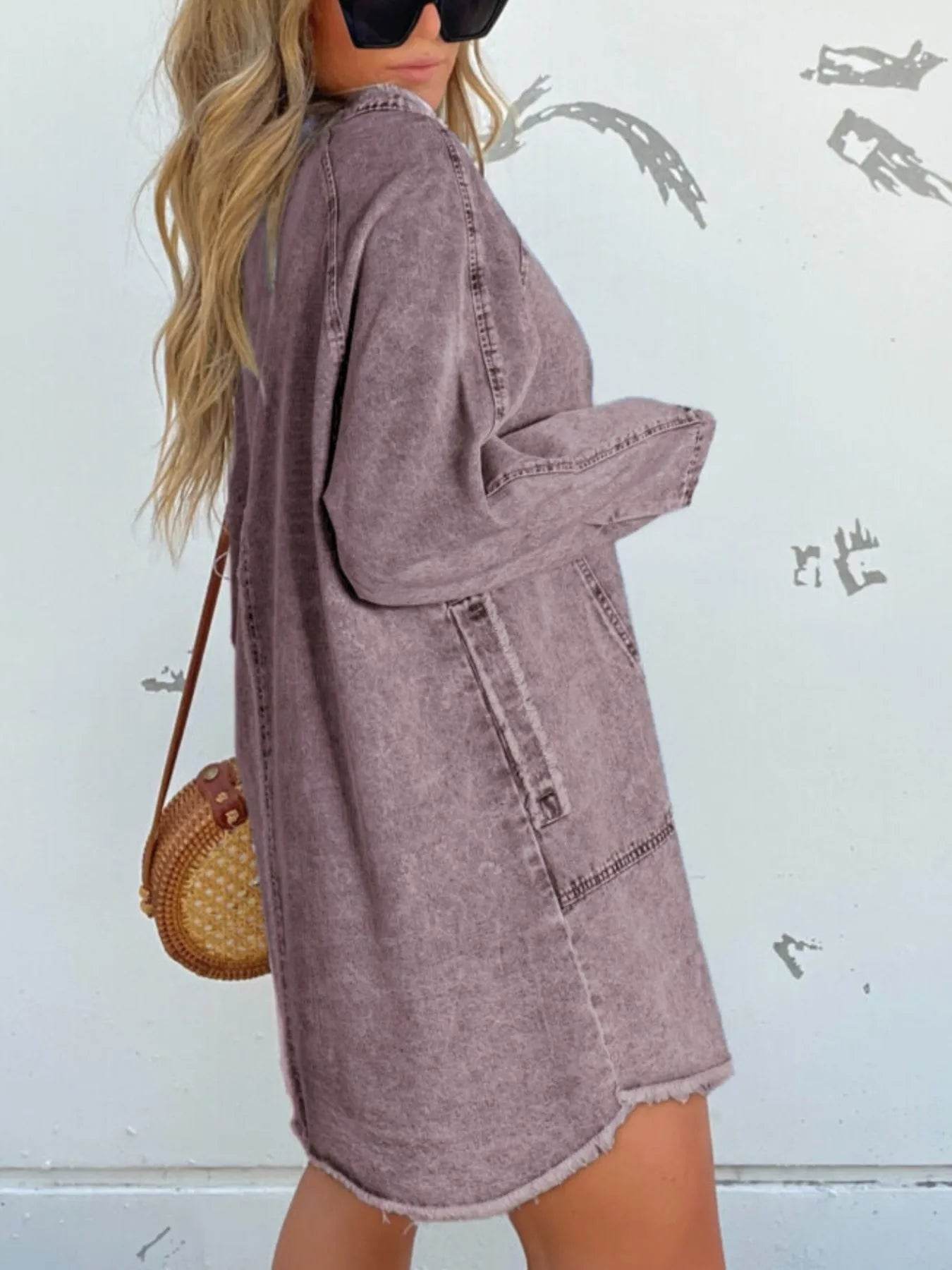 Full Size Button-Front Long Sleeve Denim Shirt Dress Plus Size - IntuitiveEncBoutique