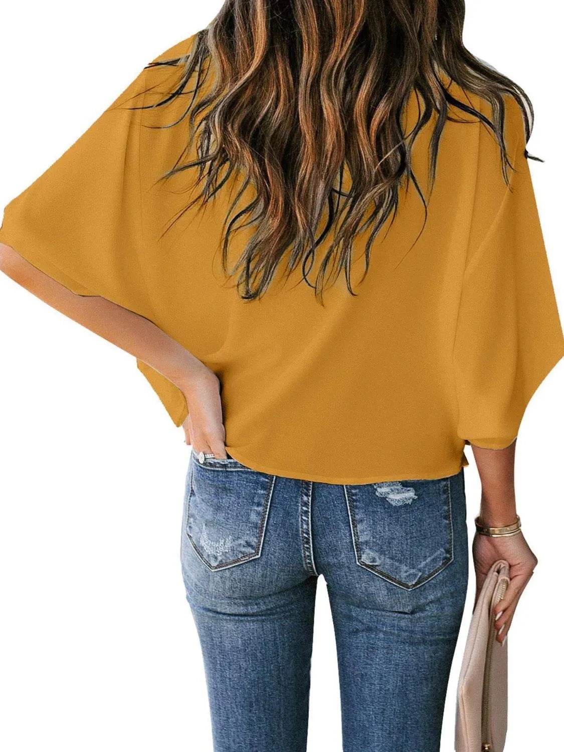 Full Size Ruched Three-Quarter Sleeve Blouse Plus Size - IntuitiveEncBoutique