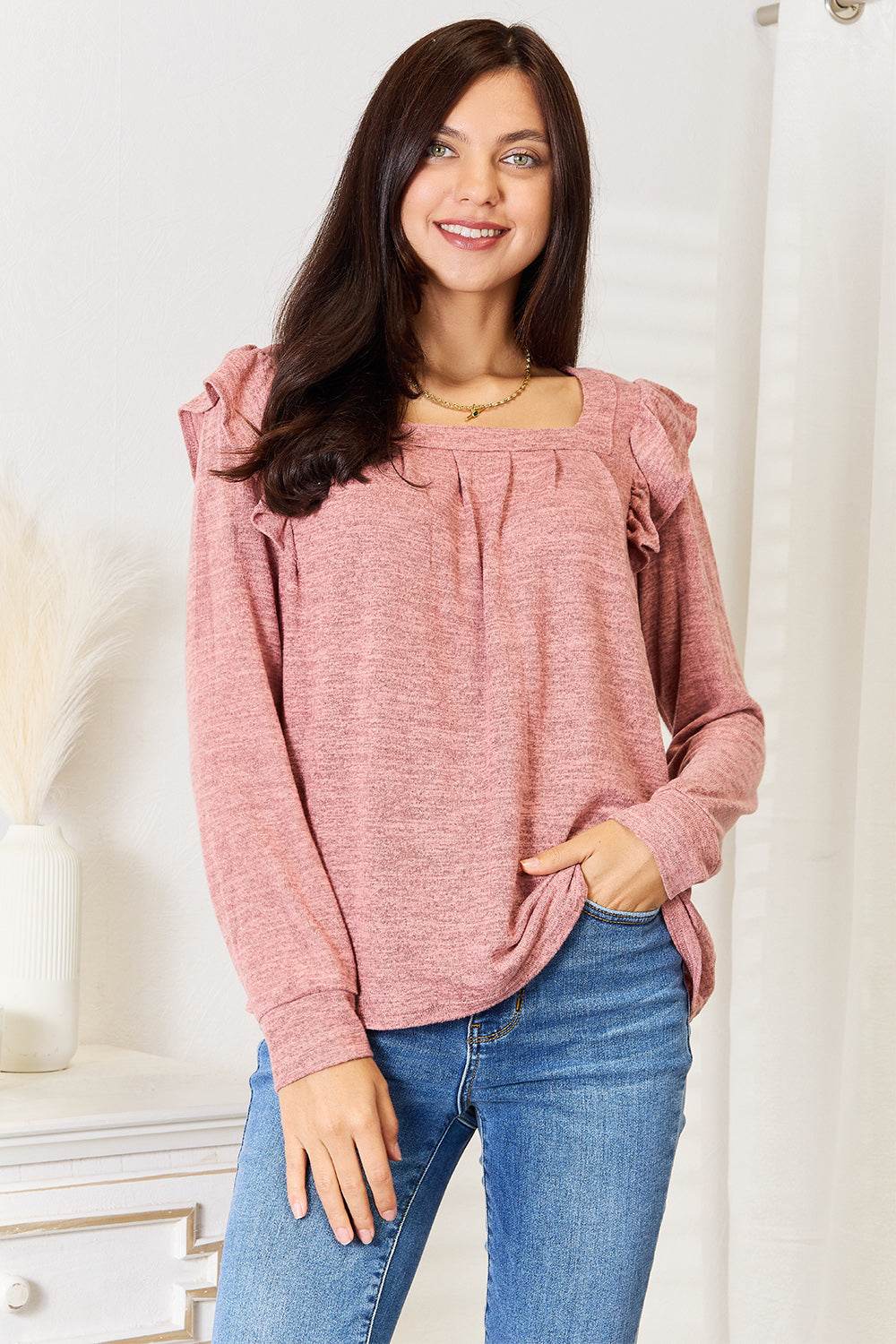Double Take Square Neck Ruffle Shoulder Long Sleeve T-Shirt - IntuitiveEncBoutique