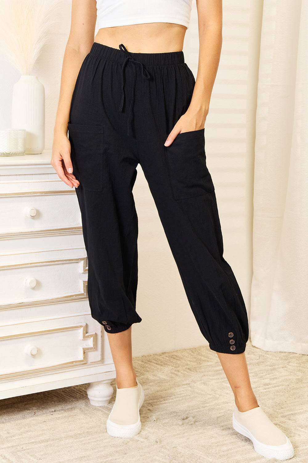Shiny Decorative Button Cropped Pants - IntuitiveEncBoutique