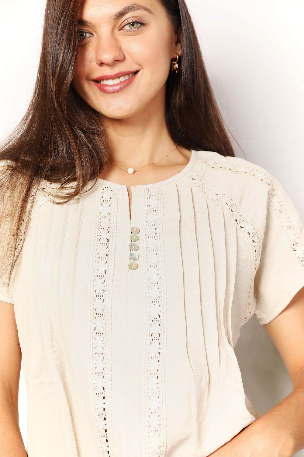 Double Take Crochet Buttoned Short Sleeves Top - IntuitiveEncBoutique