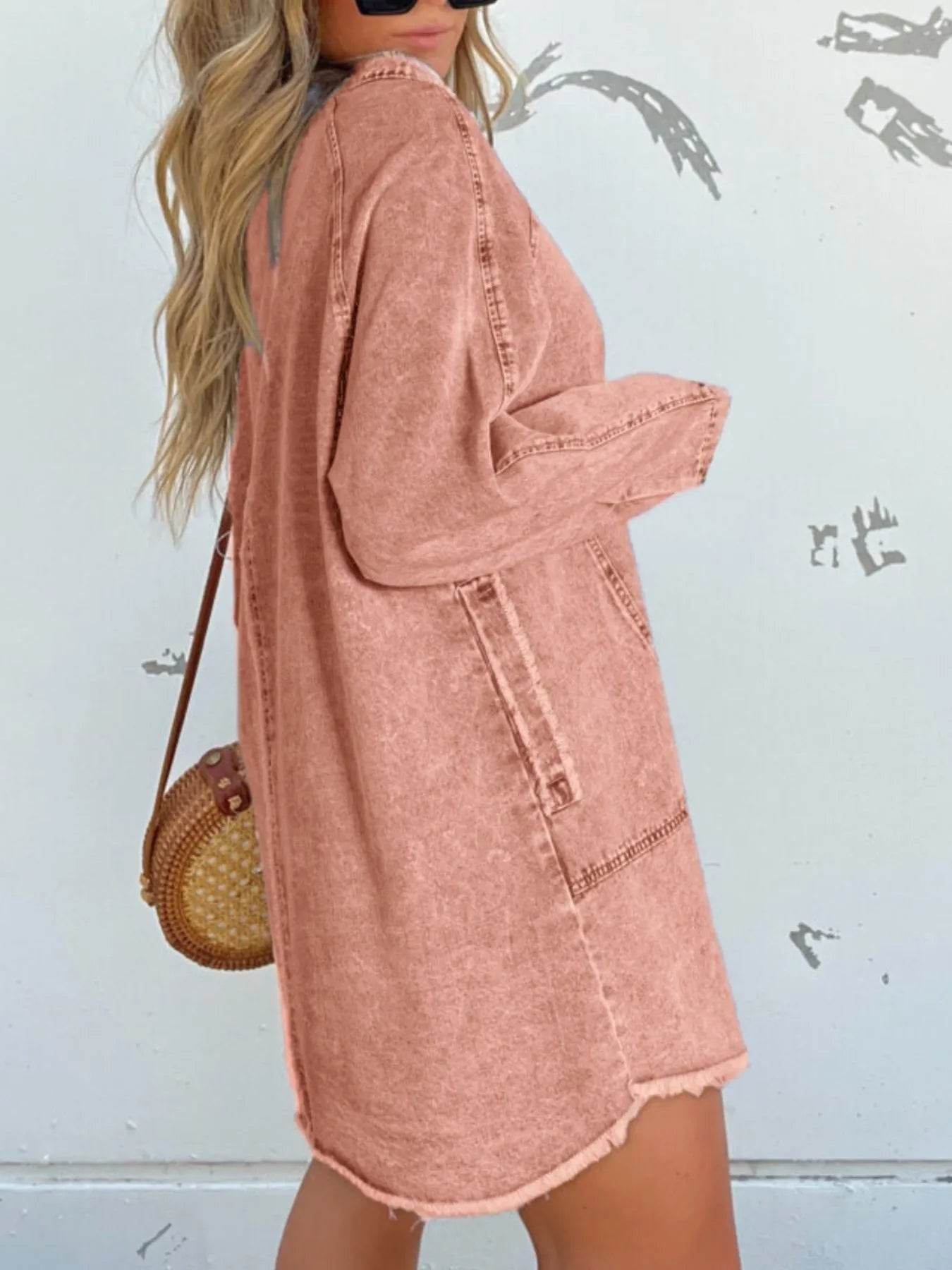 Full Size Button-Front Long Sleeve Denim Shirt Dress Plus Size - IntuitiveEncBoutique