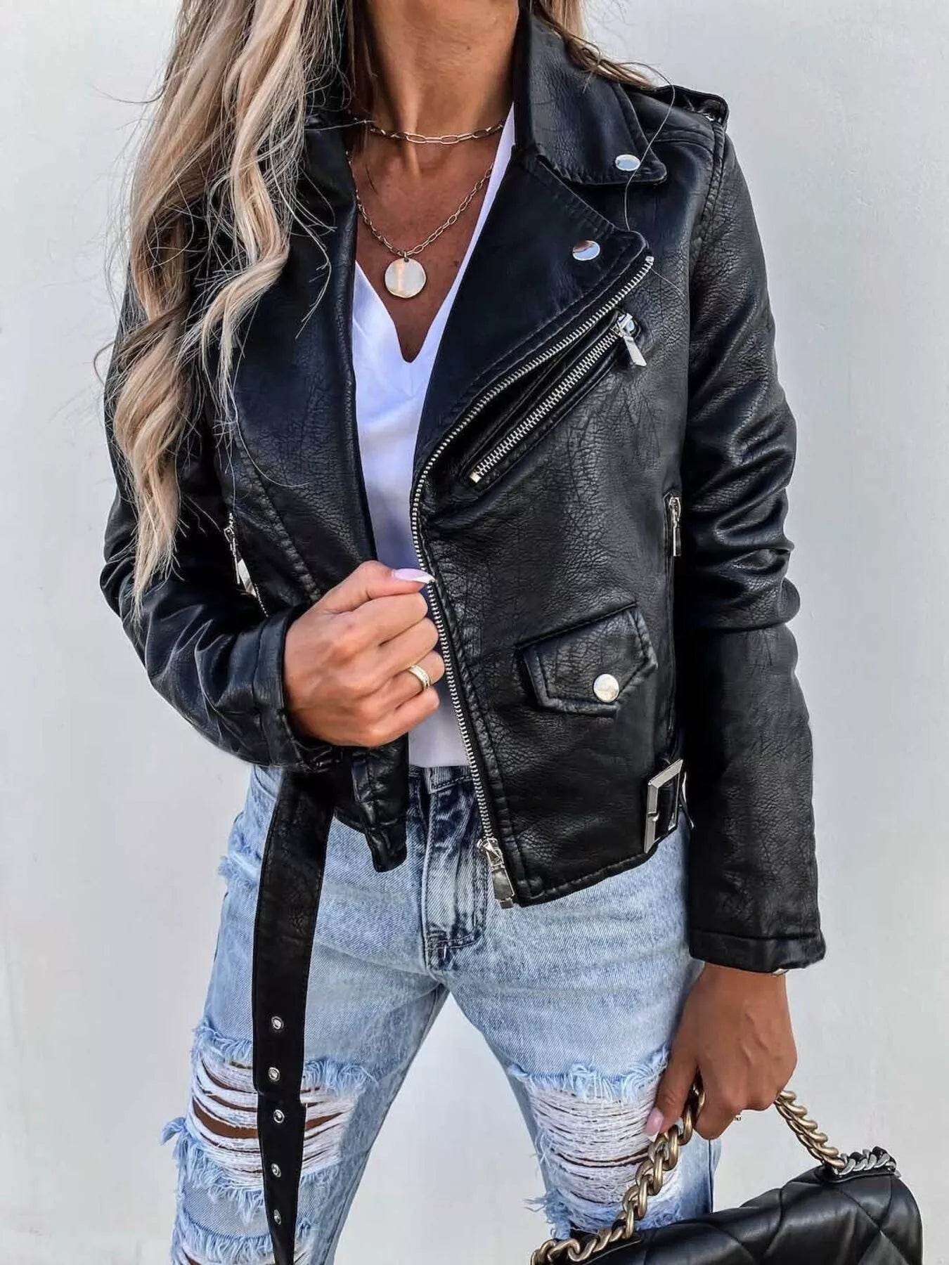 Full Size Zip Up Leather Motorcycle Biker Jacket Plus Size - IntuitiveEncBoutique