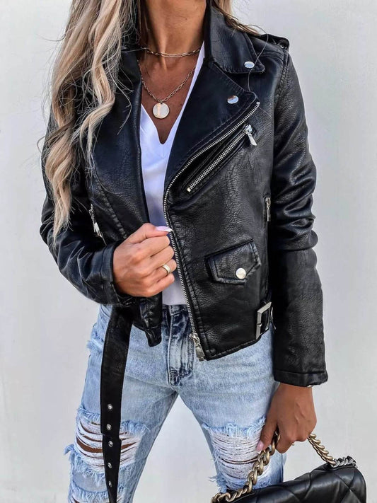 Full Size Zip Up Leather Motorcycle Biker Jacket Plus Size - IntuitiveEncBoutique