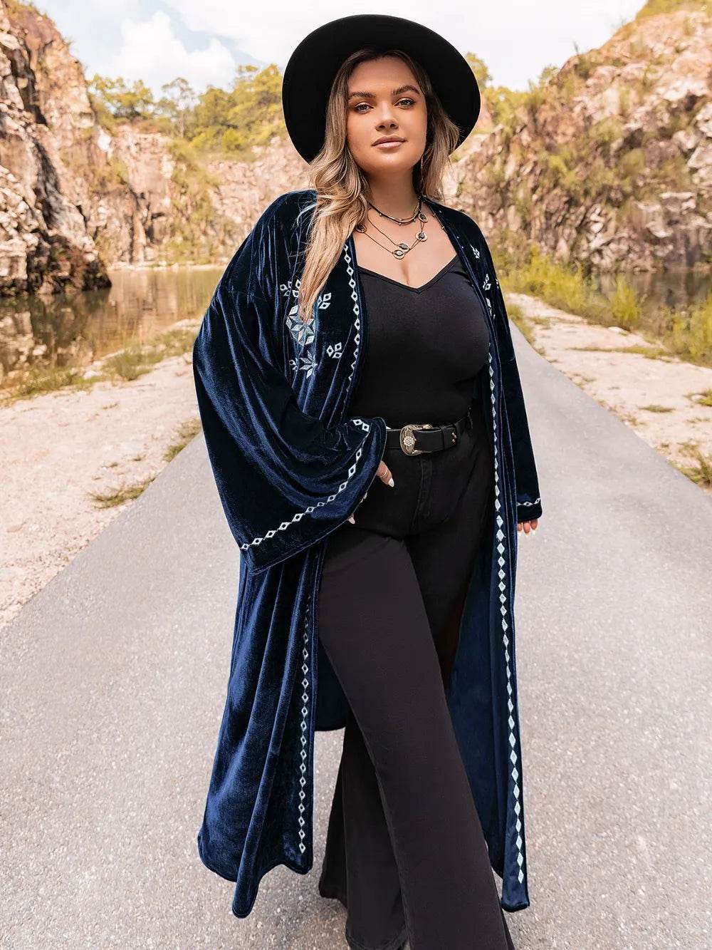 Plus Size Embroidery Open Front Long Sleeve Cardigan - IntuitiveEncBoutique