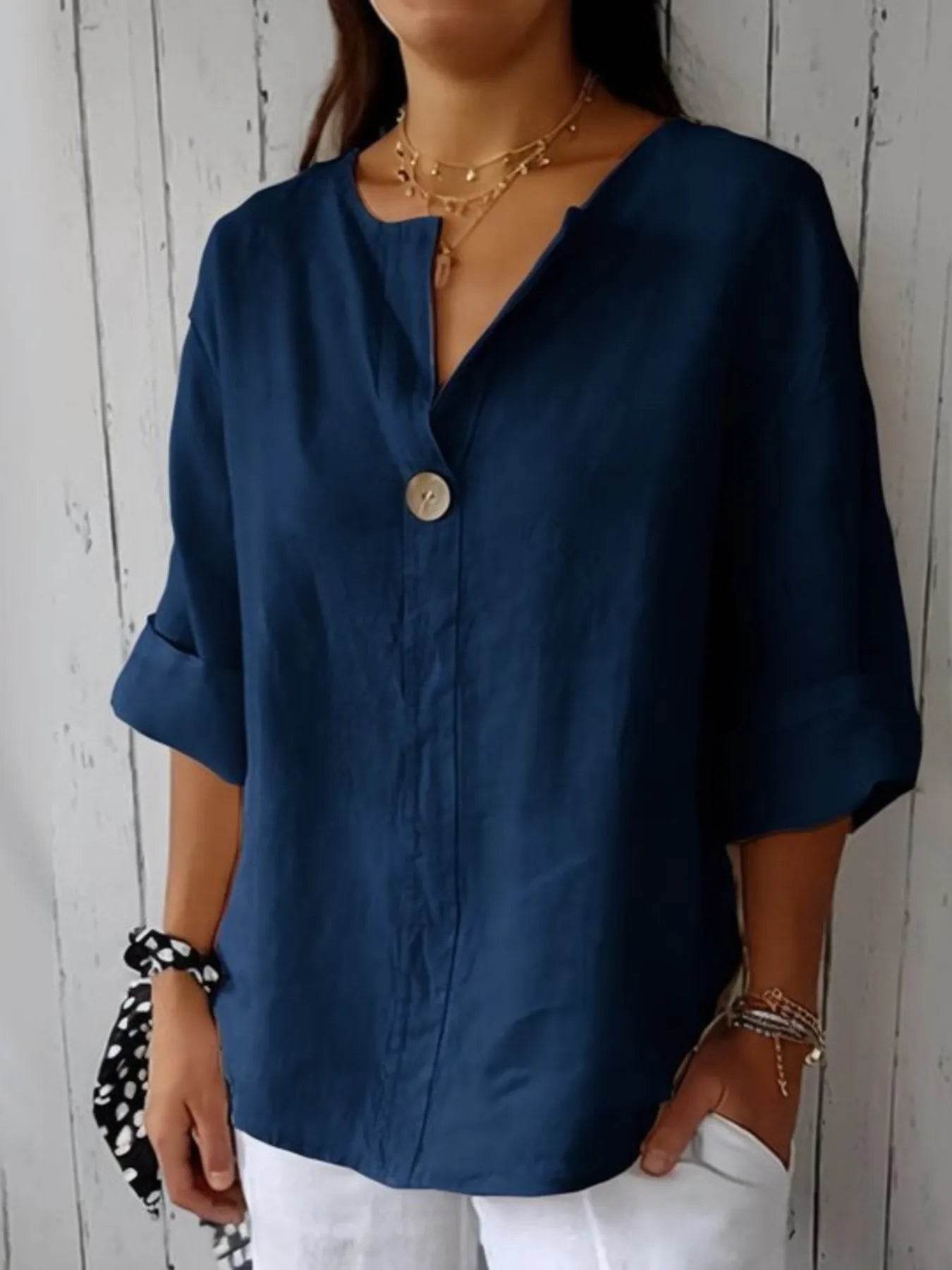 Full Size Casual Notched Drop Shoulder Blouse Plus Size - IntuitiveEncBoutique