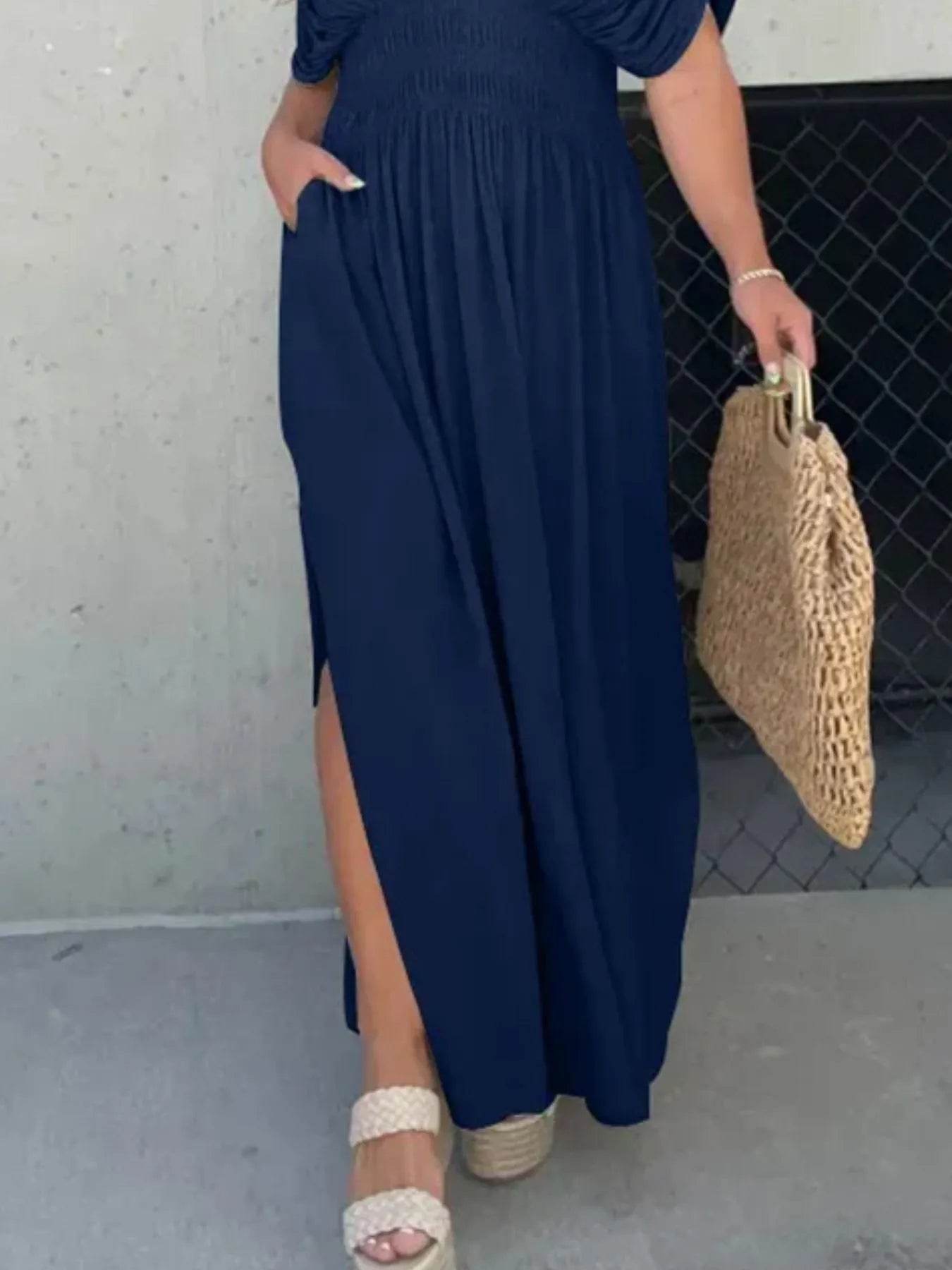 Full Size Deep V-Neck Maxi Dress with Side Slit Plus Size - IntuitiveEncBoutique