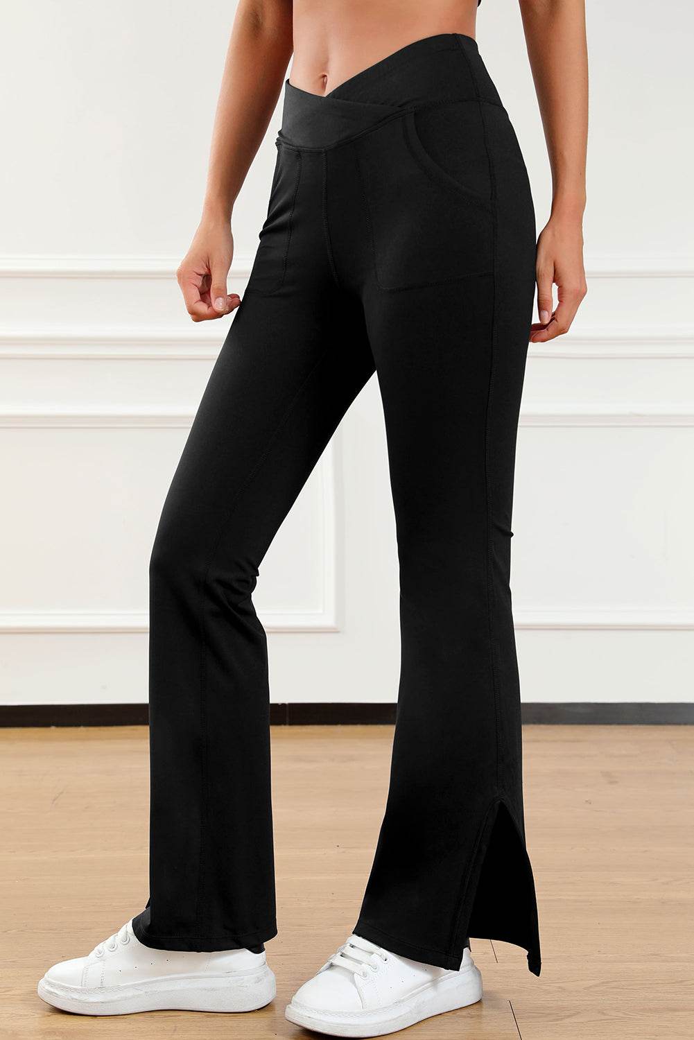 Black Cross Waist Pocketed Split Hem Flared Leggings - IntuitiveEncBoutique