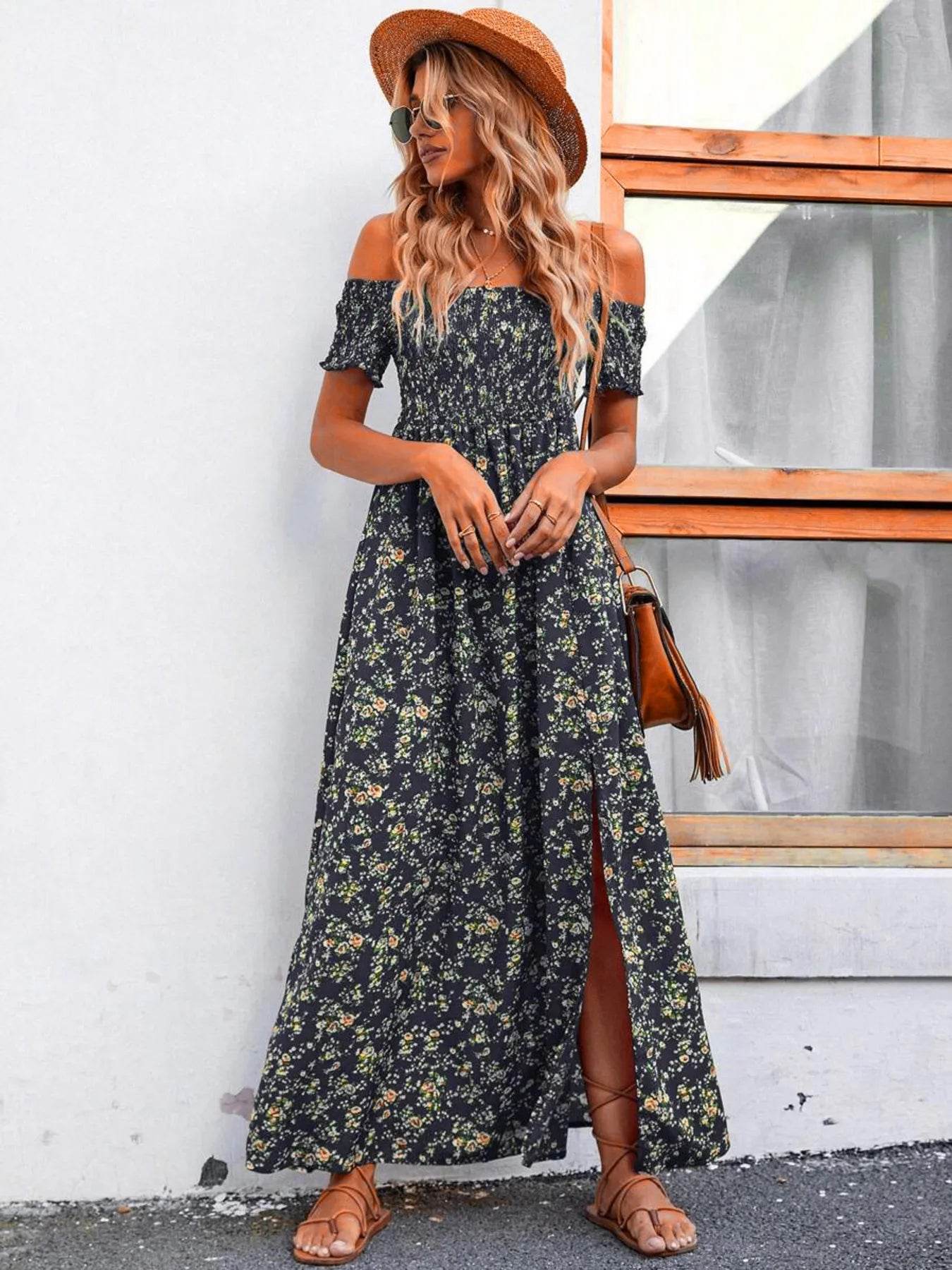 Full Size Slit Off-Shoulder Floral Midi Dress Plus Size - IntuitiveEncBoutique