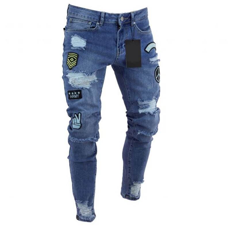 Men's Ripped jeans Badge Letters Hip-hop Skinny Jogging Denim Fashion Pencil Long Trousers Distressed Jeans For Men Clothing - IntuitiveEncBoutique