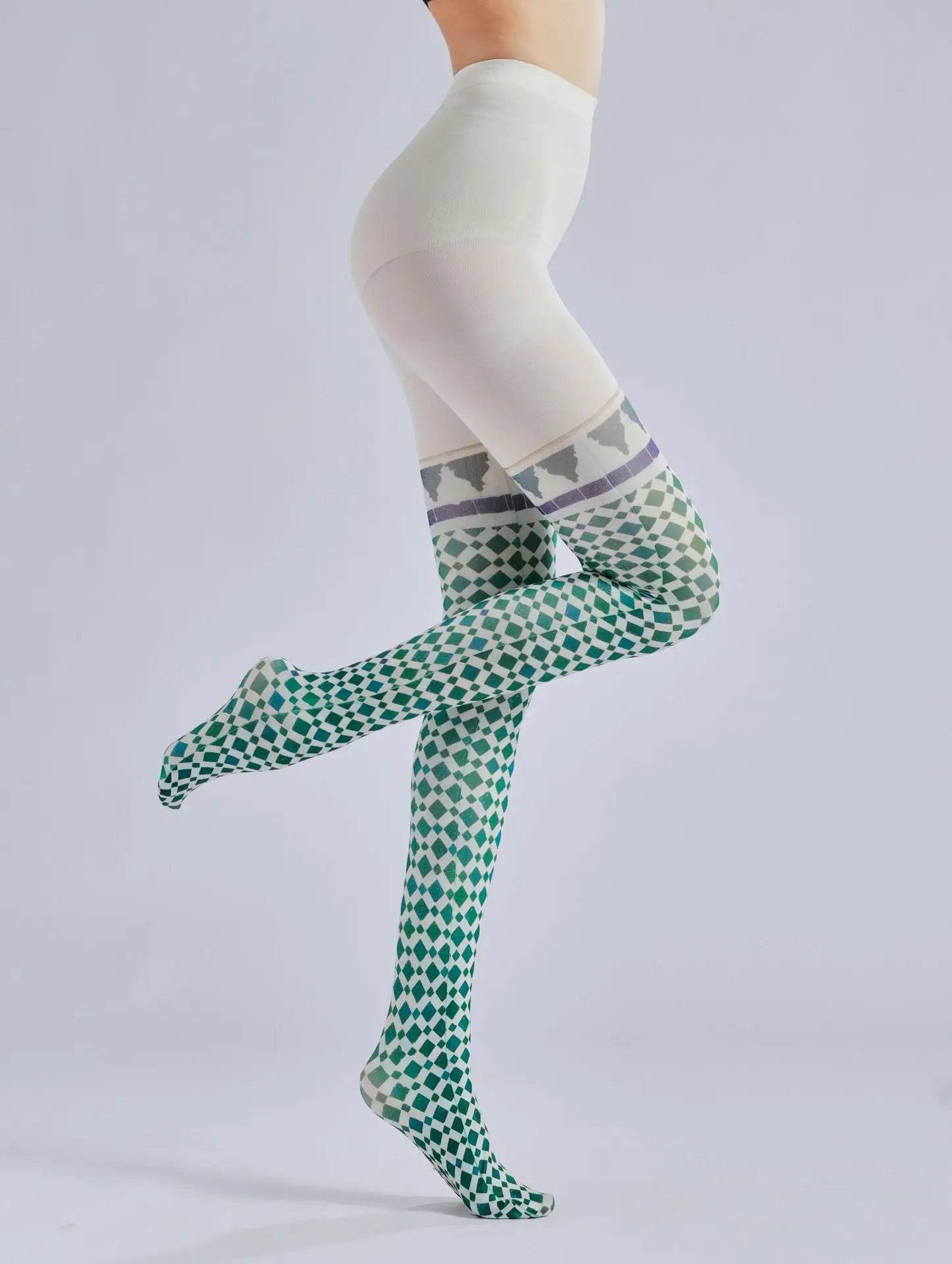 Retro patterned plaid printed pantyhose color pattern bottom socks fake two pieces of silk stockings - IntuitiveEncBoutique