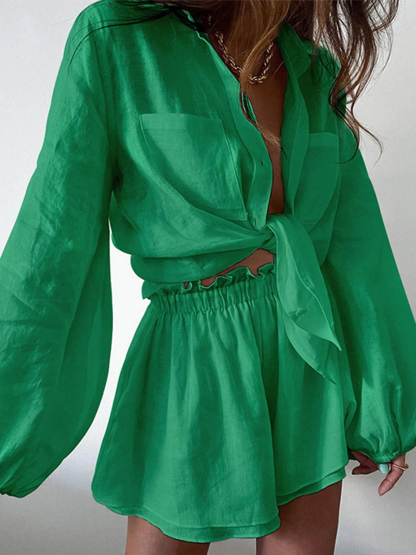 Full Size Button Up Balloon Sleeve Top and Shorts Set Plus Size - IntuitiveEncBoutique