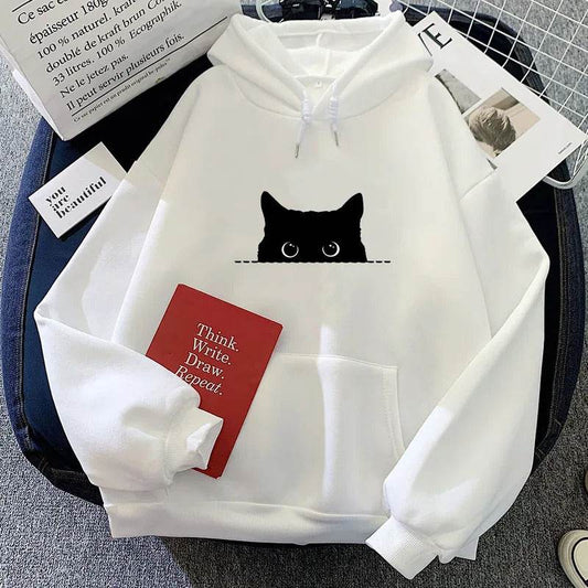 Spring Cartoon Cat Pattern Cute Printed Hooded Sweatshirt Unisex Long Sleeve Casual Jacket - IntuitiveEncBoutique